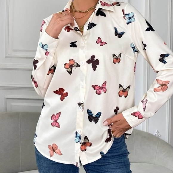 Bohemian Butterfly Print Button Up Top S M L XL - Picture 4 of 6
